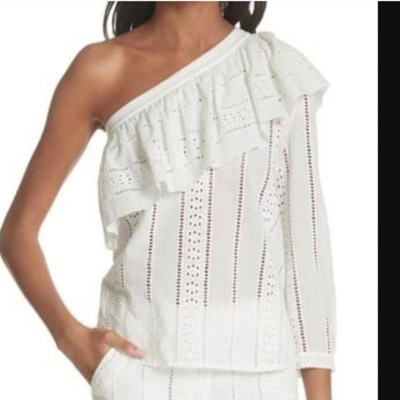 Veronica Beard Cruz Womens Top Size 4 White Eyelet Ruffle‎ Off Shoulder Blouse - Picture 2 of 3